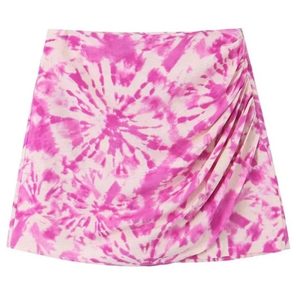 Zara Linen Blend Pink Tie Dye Wrap Skort Sz Small Beachy Boho Festival Hippie - Picture 1 of 9